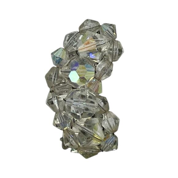 Vintage Aurora Borealis Crystal Clip-On Earring - Silver Metal Single Statement - Picture 1 of 8